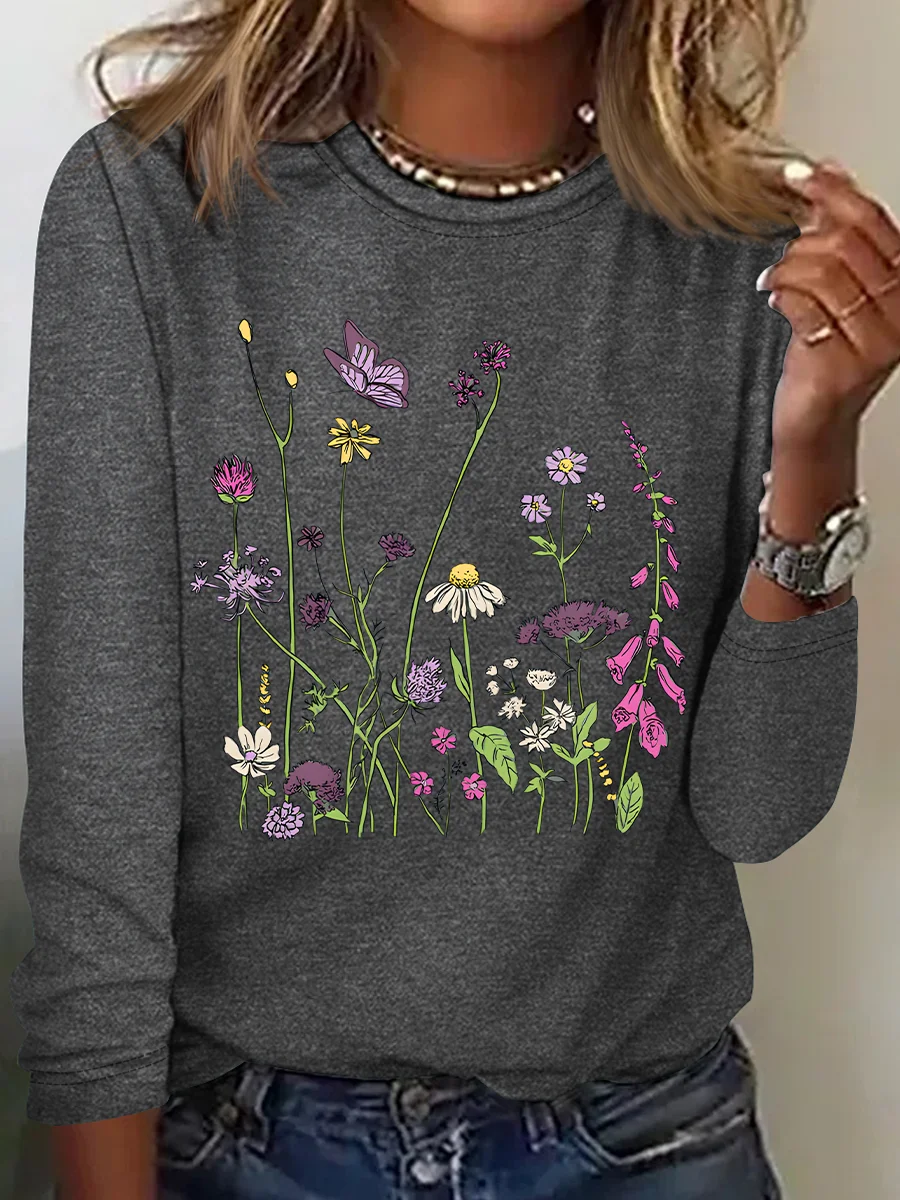 Women Floral Long Sleeve Blouse Spring/Fall Crew Neck Daily Casual Top