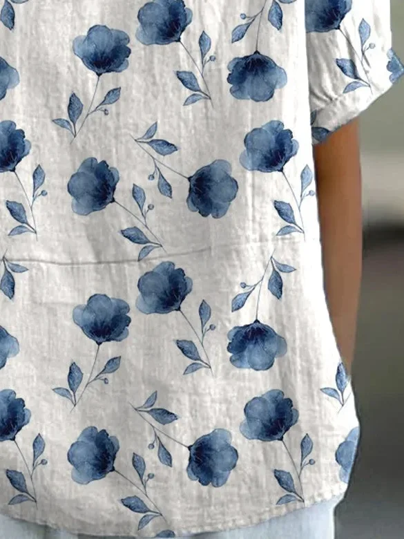 Women Floral Short Sleeve Shirt Summer Printing Shawl Collar Daily Casual Top