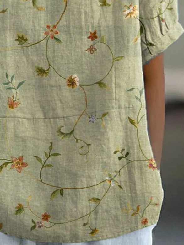Women Floral Short Sleeve Shirt Summer Printing Shawl Collar Daily Casual Top
