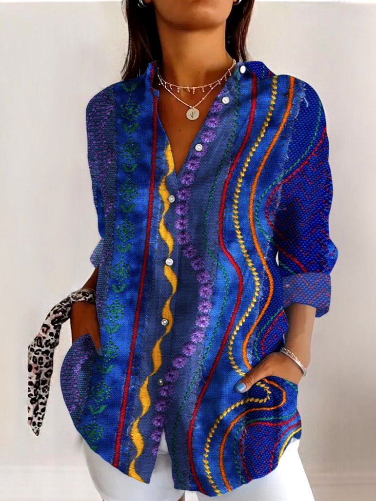 Women Floral Long Sleeve Shirt Spring/Fall Shirt Collar Daily Casual Top