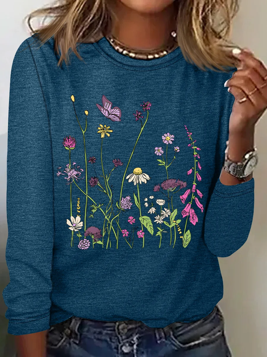 Women Floral Long Sleeve Blouse Spring/Fall Crew Neck Daily Casual Top