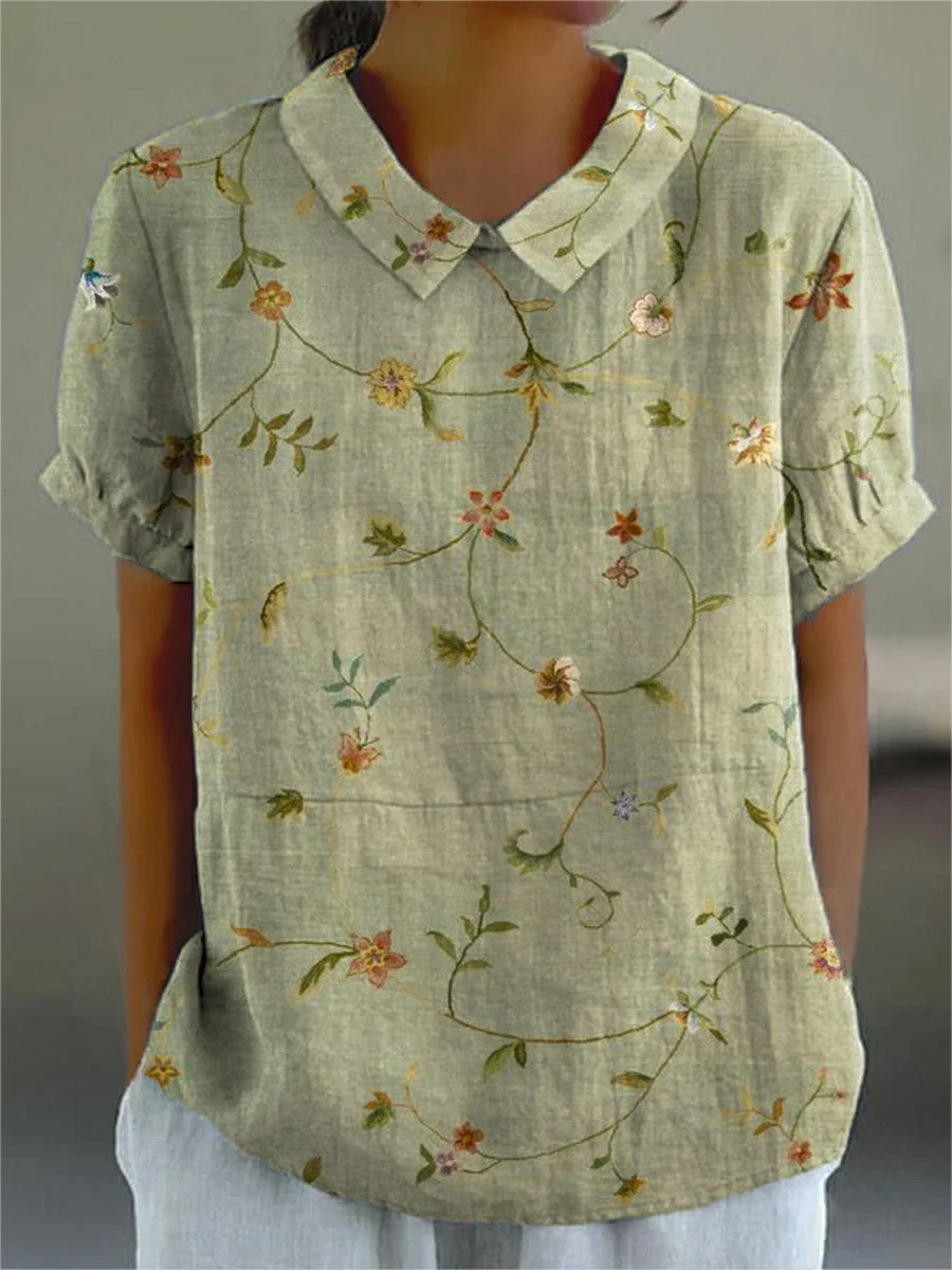 Women Floral Short Sleeve Shirt Summer Printing Shawl Collar Daily Casual Top