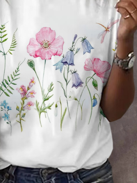 Women Floral Short Sleeve Tee T-shirt Crew Neck Printing Casual Summer Graphic Tee Top