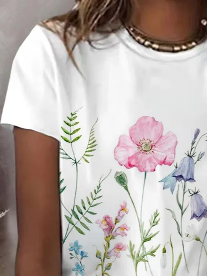 Women Floral Short Sleeve Tee T-shirt Crew Neck Printing Casual Summer Graphic Tee Top