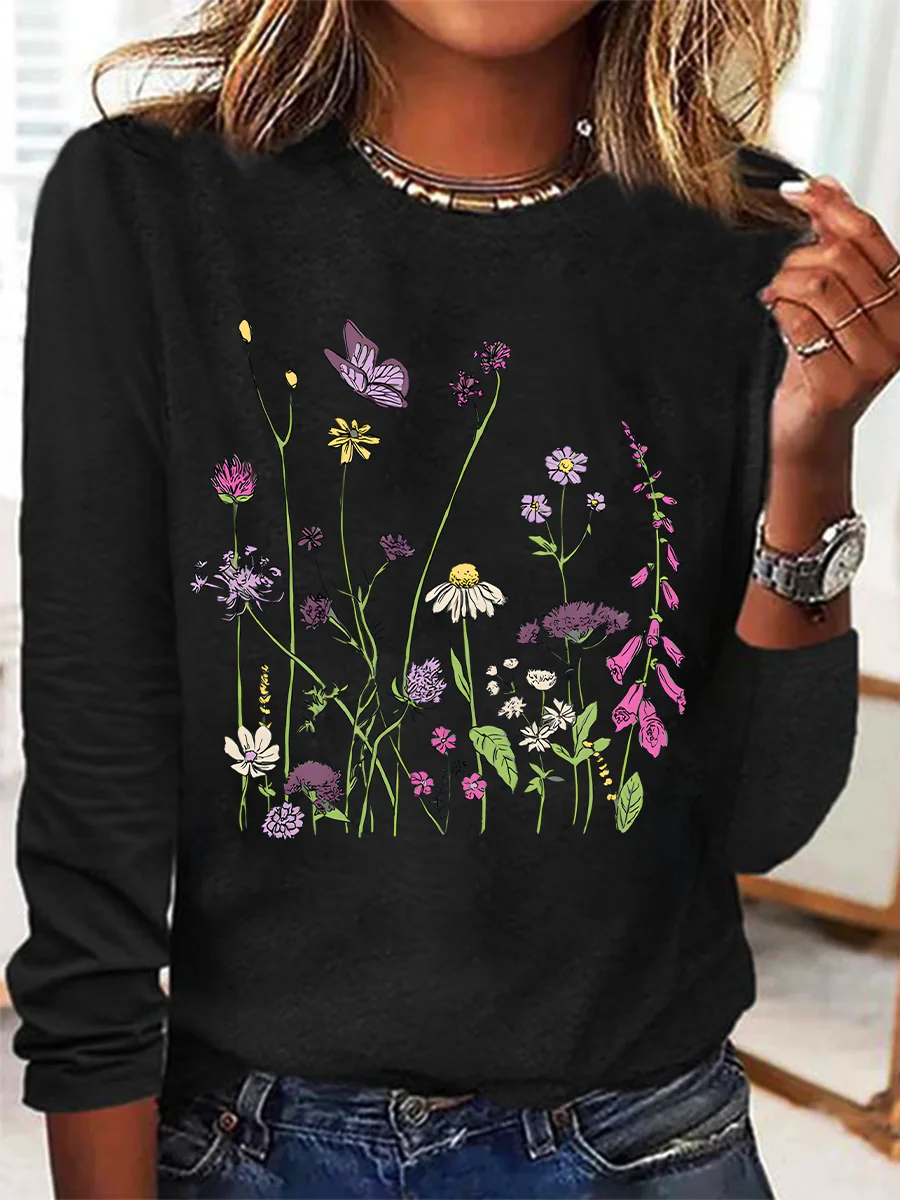 Women Floral Long Sleeve Blouse Spring/Fall Crew Neck Daily Casual Top