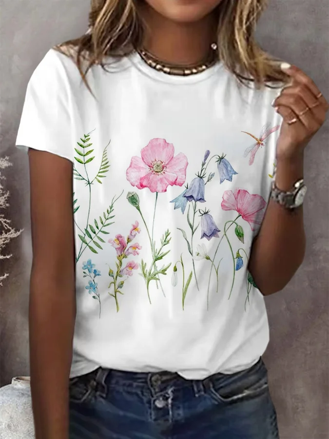 Women Floral Short Sleeve Tee T-shirt Crew Neck Printing Casual Summer Graphic Tee Top