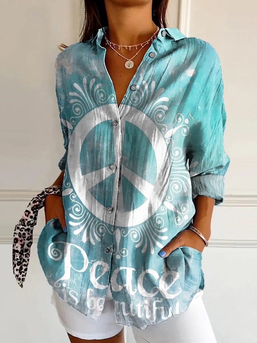 Women Hippie Long Sleeve Shirt Spring/Fall Buckle Shirt Collar Daily Casual Top