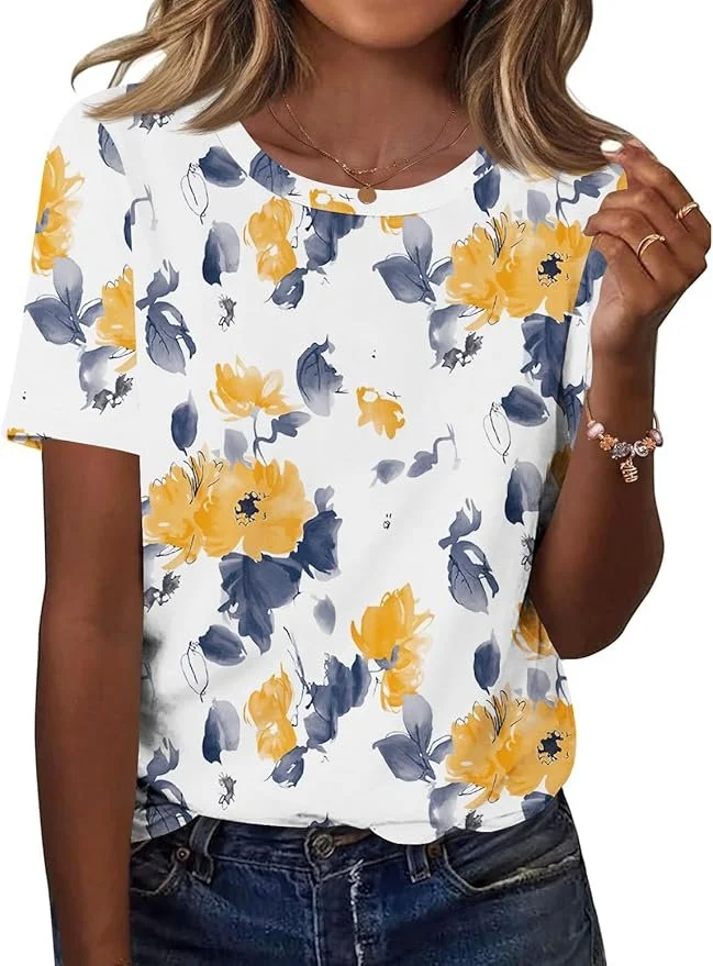 Women Floral Short Sleeve Tee T-shirt Crew Neck Casual Summer Top