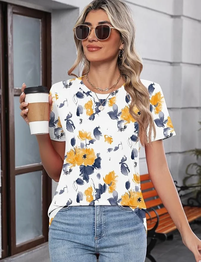 Women Floral Short Sleeve Tee T-shirt Crew Neck Casual Summer Top