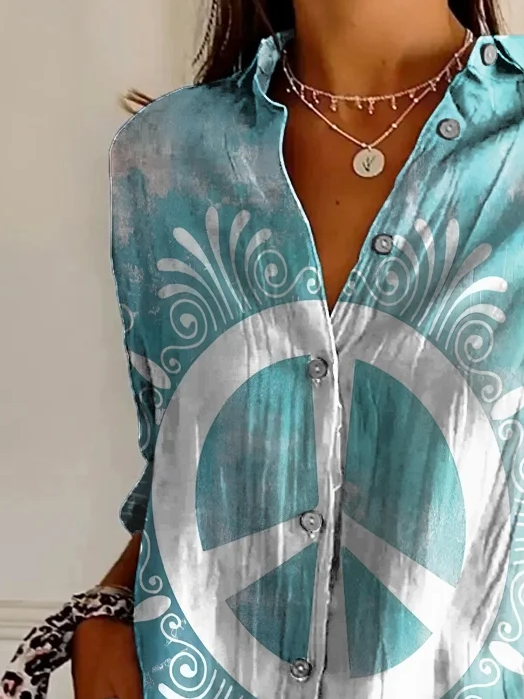 Women Hippie Long Sleeve Shirt Spring/Fall Buckle Shirt Collar Daily Casual Top