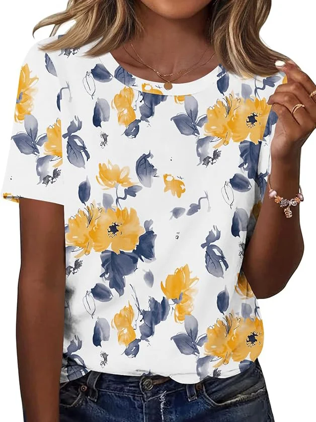 Women Floral Short Sleeve Tee T-shirt Crew Neck Casual Summer Top