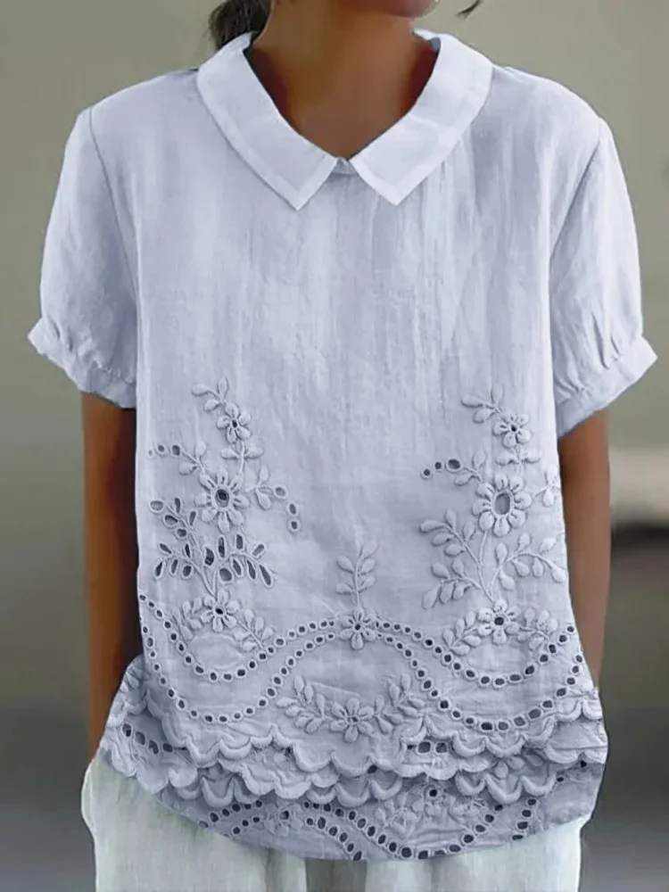 Women Plain Half Sleeve Blouse Summer Shawl Collar Daily Casual Top
