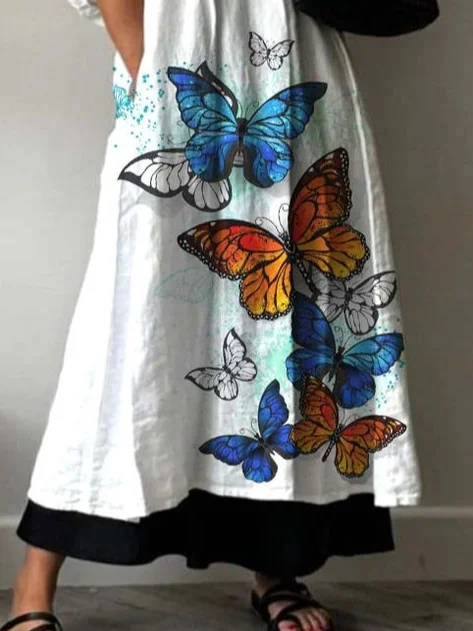 Women Butterfly Half Sleeve Summer Printing Dress V Neck Daily Casual Maxi A-Line Dress