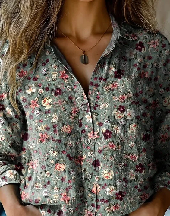 Women Floral Long Sleeve Shirt Spring/Fall Shirt Collar Daily Casual Top