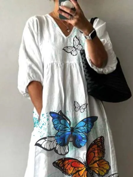 Women Butterfly Half Sleeve Summer Printing Dress V Neck Daily Casual Maxi A-Line Dress