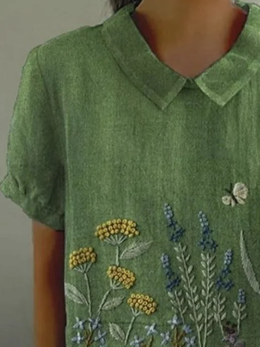 Women Floral Short Sleeve Shirt Summer Printing Shawl Collar Daily Casual Top