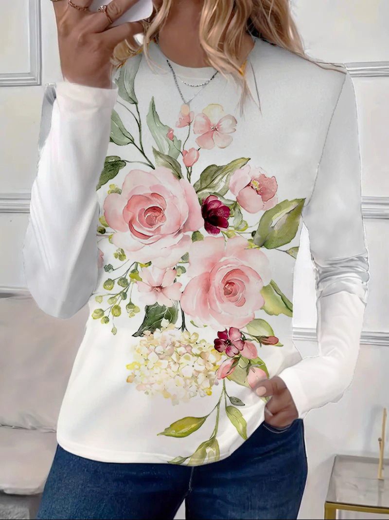 Women Floral Long Sleeve Tee T-shirt Crew Neck Printing Casual Spring/Fall Graphic Tee Top