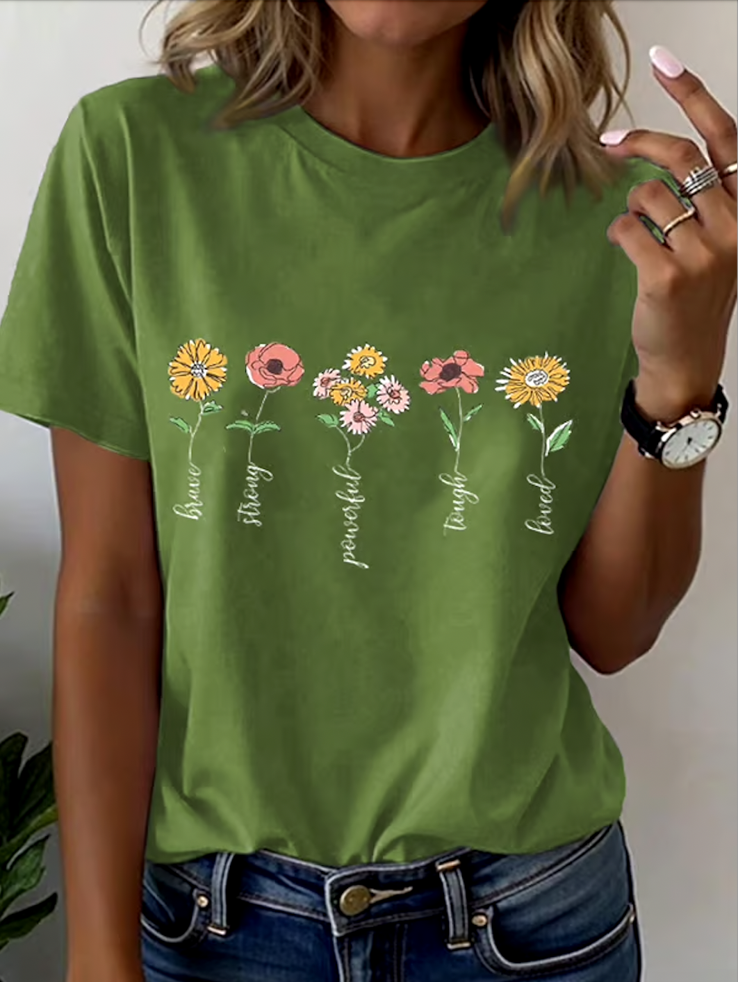 Women Floral Short Sleeve Tee T-shirt Crew Neck Casual Summer Top