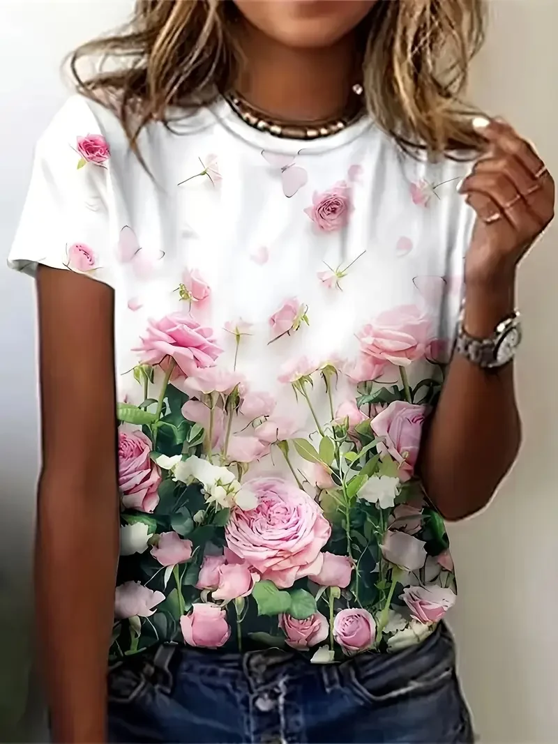 Women Floral Short Sleeve Tee T-shirt Crew Neck Printing Casual Summer Graphic Tee Top