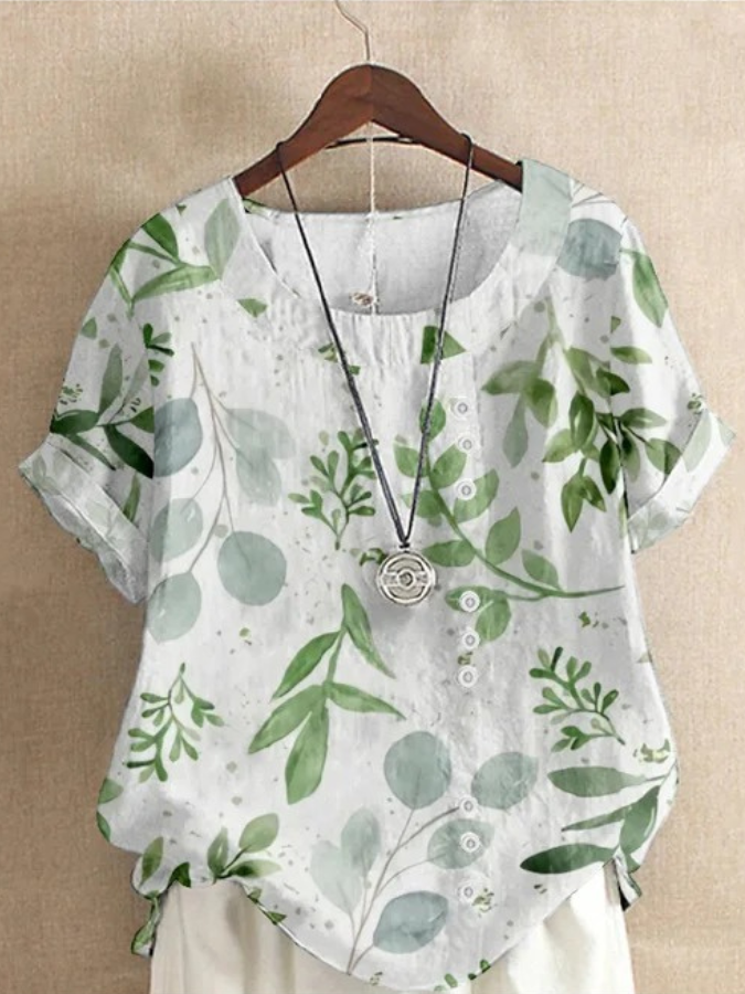 Women Floral Half Sleeve Blouse Summer Crew Neck Daily Casual Top