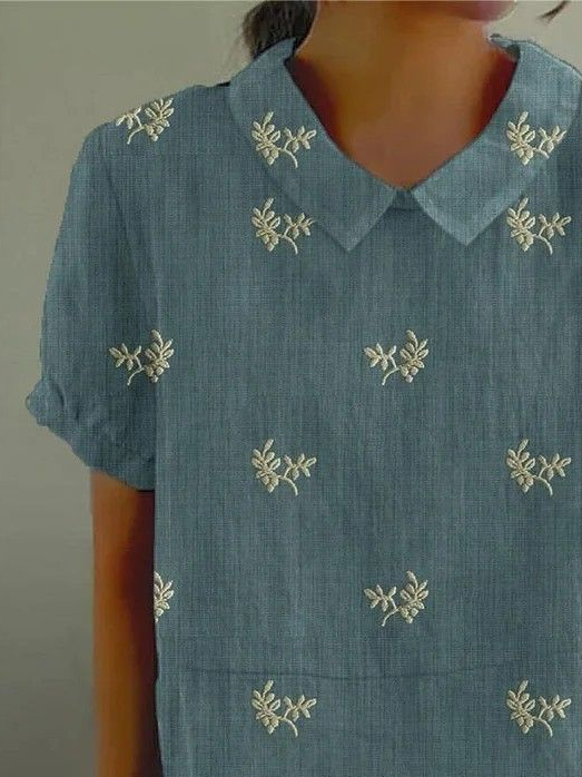 Women Floral Short Sleeve Shirt Summer Printing Shawl Collar Daily Casual Top