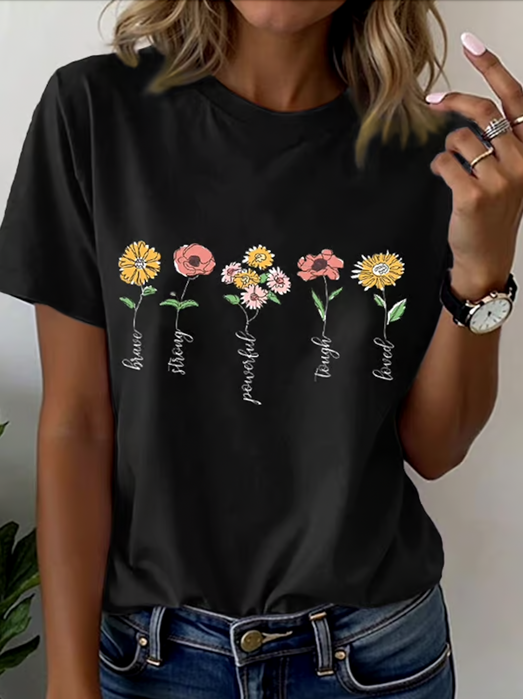 Women Floral Short Sleeve Tee T-shirt Crew Neck Casual Summer Top