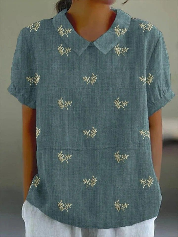 Women Floral Short Sleeve Shirt Summer Printing Shawl Collar Daily Casual Top