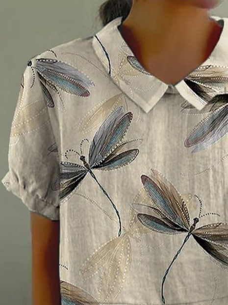 Women Dragonfly Short Sleeve Shirt Summer Printing Shawl Collar Daily Casual Top