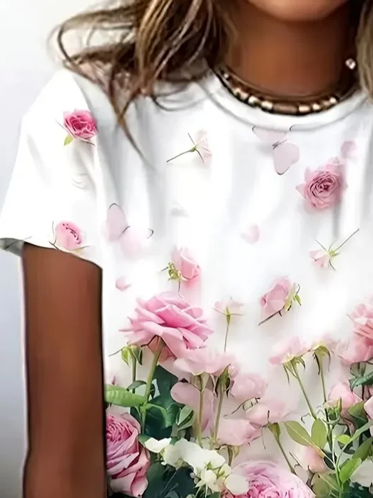 Women Floral Short Sleeve Tee T-shirt Crew Neck Printing Casual Summer Graphic Tee Top