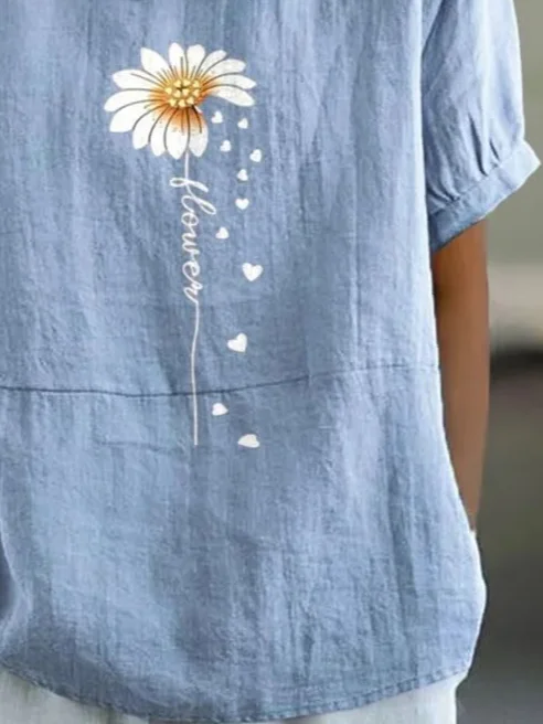 Women Floral Short Sleeve Shirt Summer Printing Shawl Collar Daily Casual Top