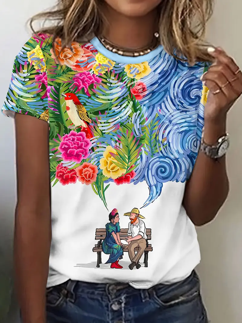 Women Floral Short Sleeve Tee T-shirt Crew Neck Printing Casual Summer Graphic Tee Top
