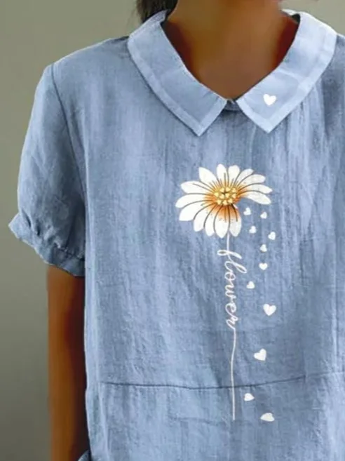 Women Floral Short Sleeve Shirt Summer Printing Shawl Collar Daily Casual Top