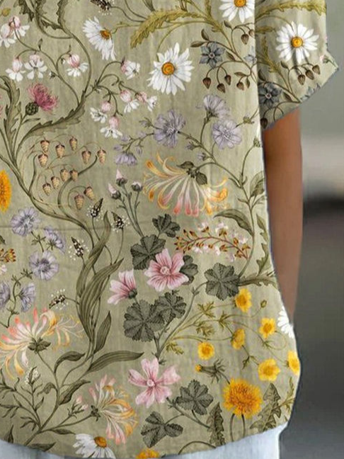 Women Floral Short Sleeve Shirt Summer Printing Shawl Collar Daily Casual Top