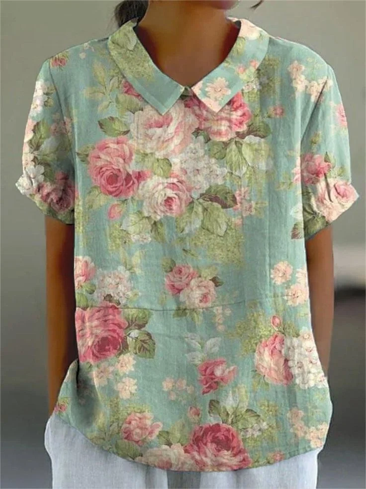 Women Floral Short Sleeve Shirt Summer Printing Shawl Collar Daily Casual Top