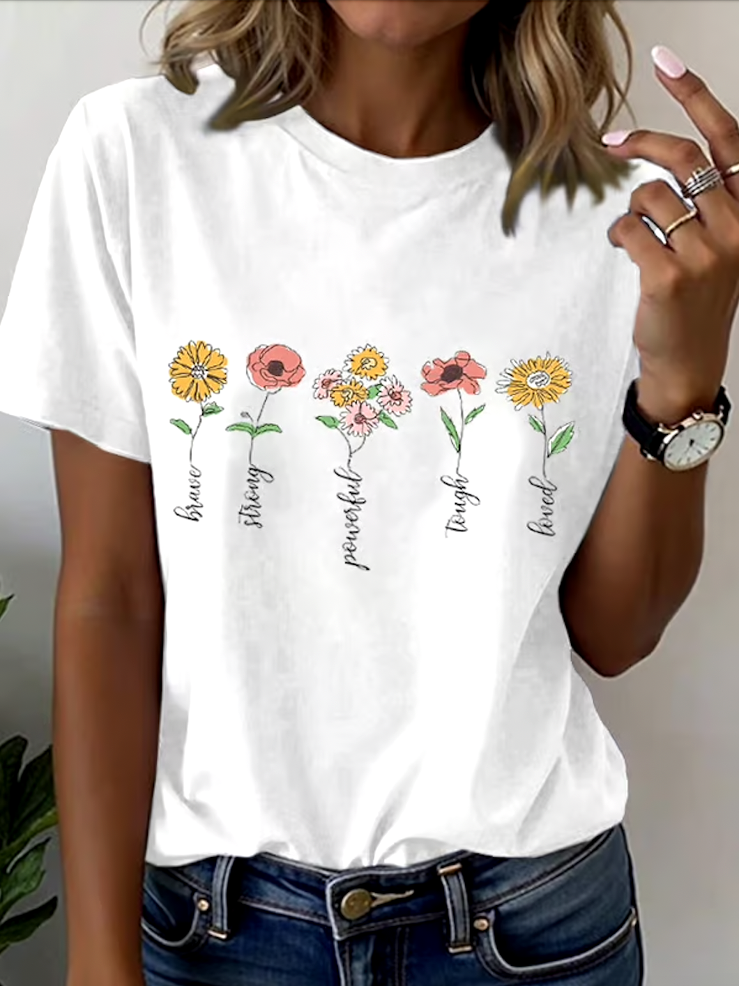 Women Floral Short Sleeve Tee T-shirt Crew Neck Casual Summer Top