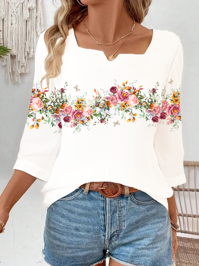 Women Floral Three Quarter Sleeve Blouse Spring/Fall Printing Notched Daily Casual Top