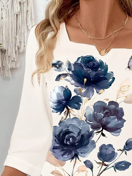 Women Floral Three Quarter Sleeve Blouse Spring/Fall Printing Notched Daily Casual Top