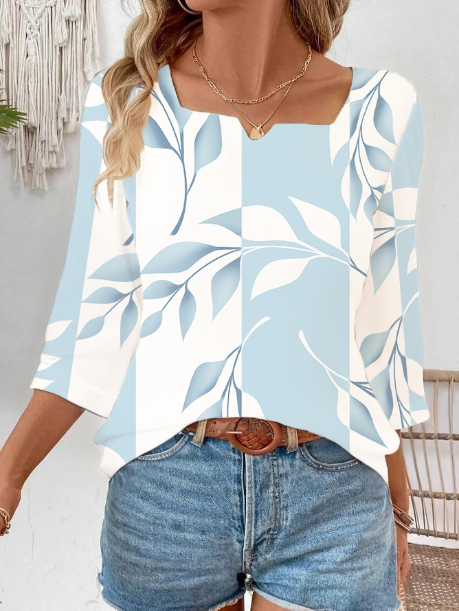Women Floral Three Quarter Sleeve Blouse Spring/Fall Printing Notched Daily Casual Top
