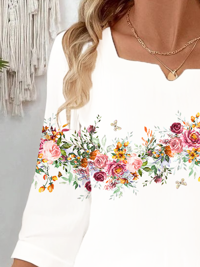 Women Floral Three Quarter Sleeve Blouse Spring/Fall Printing Notched Daily Casual Top