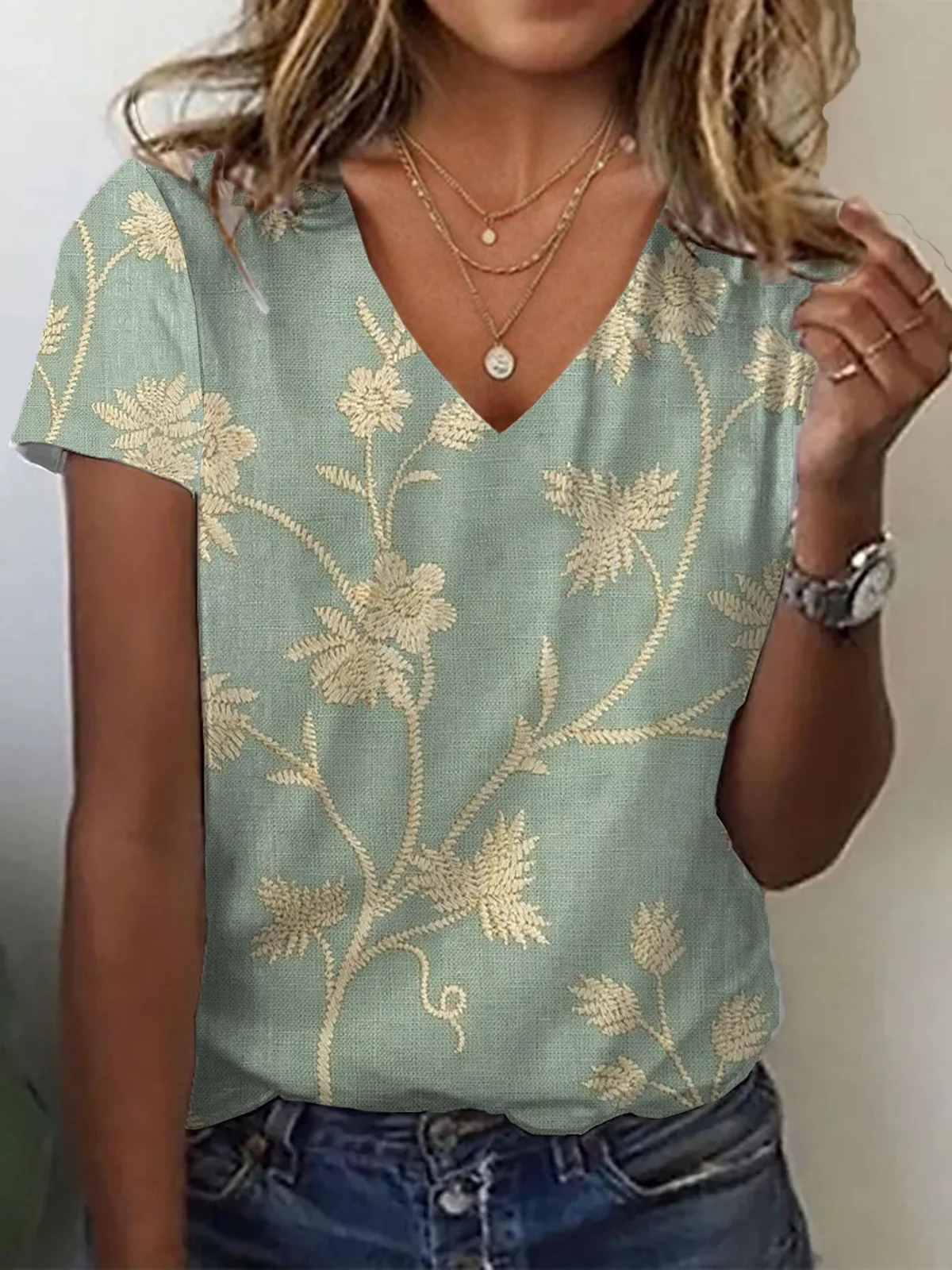 Women Floral Short Sleeve Tee T-shirt V Neck Printing Casual Summer Graphic Tee Top