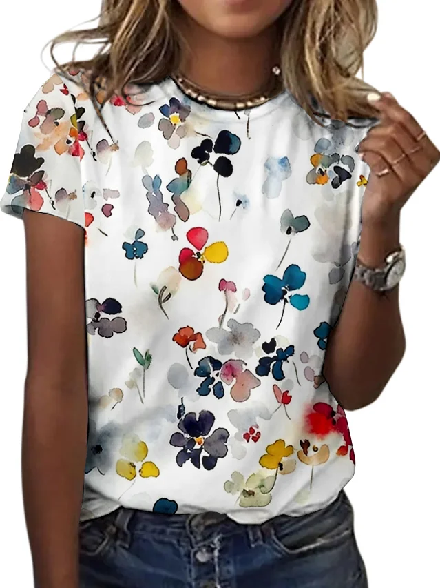 Women Floral Short Sleeve Tee T-shirt Crew Neck Casual Summer Top