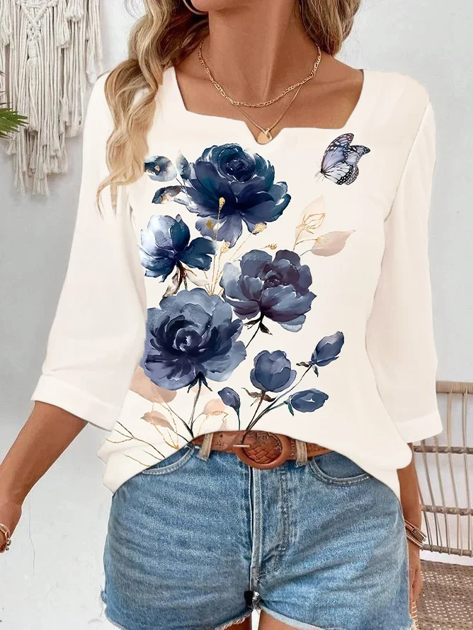 Women Floral Three Quarter Sleeve Blouse Spring/Fall Printing Notched Daily Casual Top
