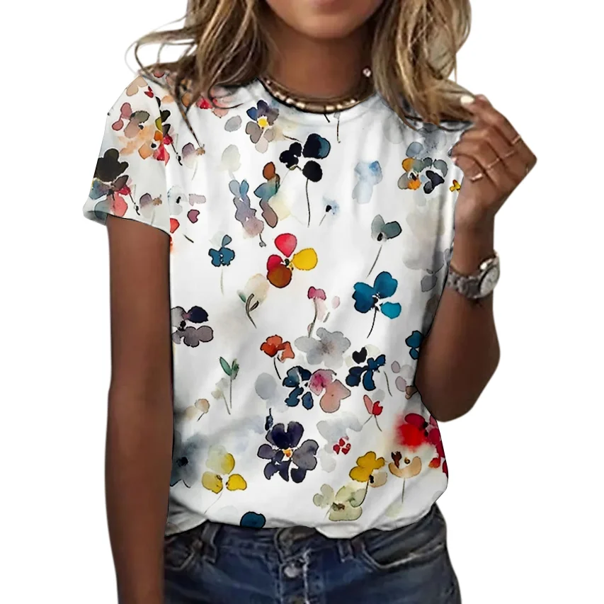 Women Floral Short Sleeve Tee T-shirt Crew Neck Casual Summer Top