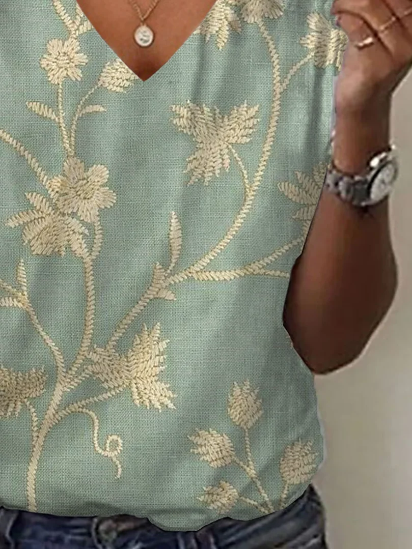 Women Floral Short Sleeve Tee T-shirt V Neck Printing Casual Summer Graphic Tee Top