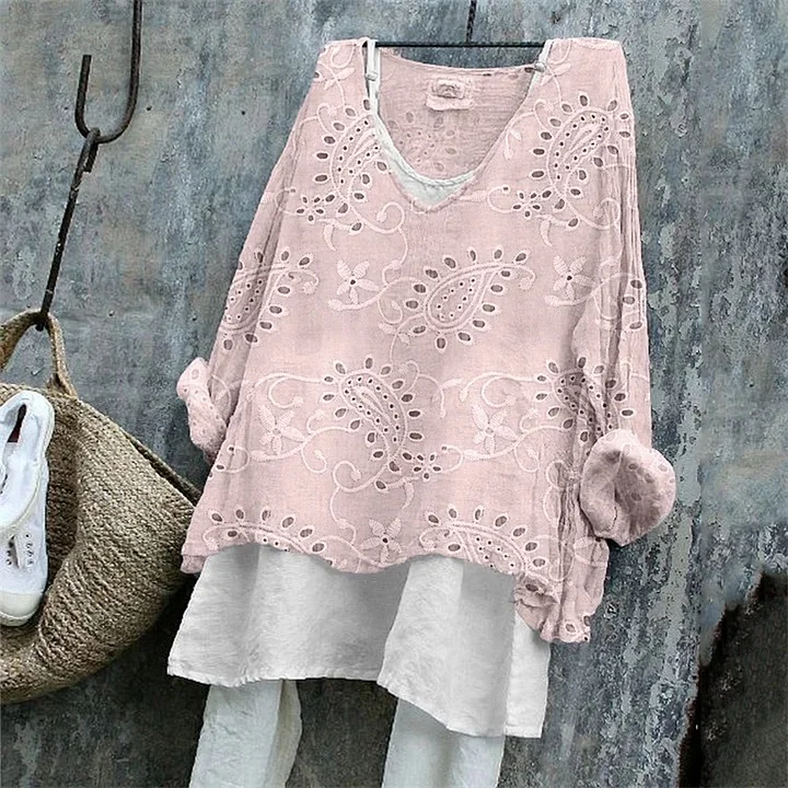 Women Paisley Long Sleeve Tee T-shirt V Neck Vintage Spring/Fall Top
