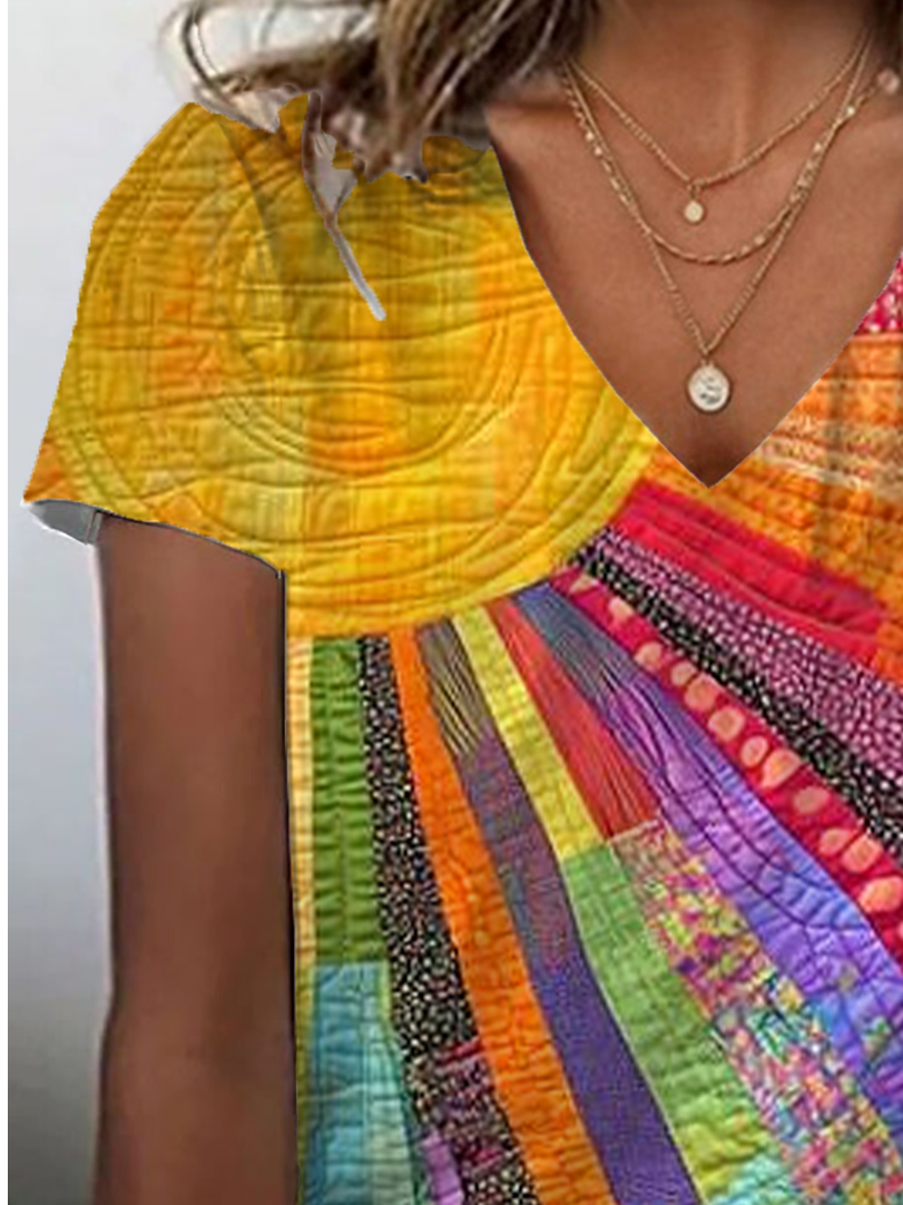 Women Hippie Short Sleeve Tee T-shirt V Neck Printing Casual Summer Graphic Tee Top
