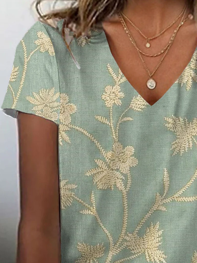 Women Floral Short Sleeve Tee T-shirt V Neck Printing Casual Summer Graphic Tee Top