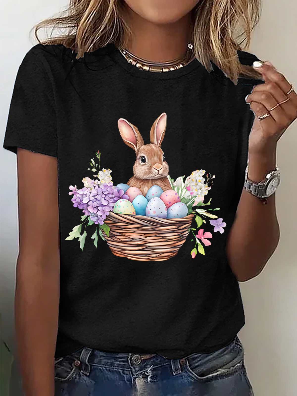 Women Easter (rabbit) Short Sleeve Tee T-shirt Crew Neck Casual Summer Top