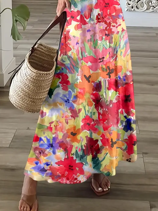 Women Floral Short Sleeve Summer Printing Dress V Neck Daily Casual Maxi X-Line Dress