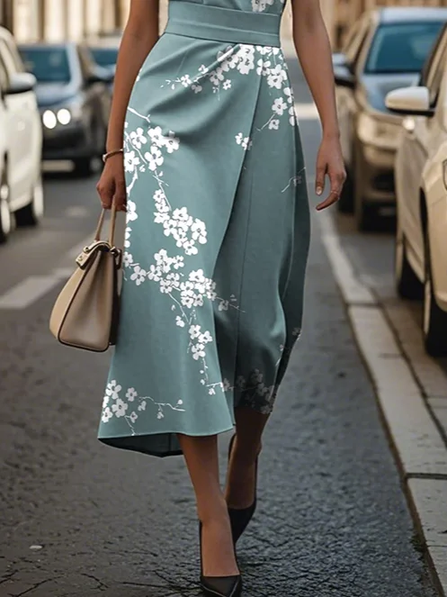 Women Floral Sleeveless Summer Printing Dress Crew Neck Daily Vintage Maxi Shift Dress H-Line Dress